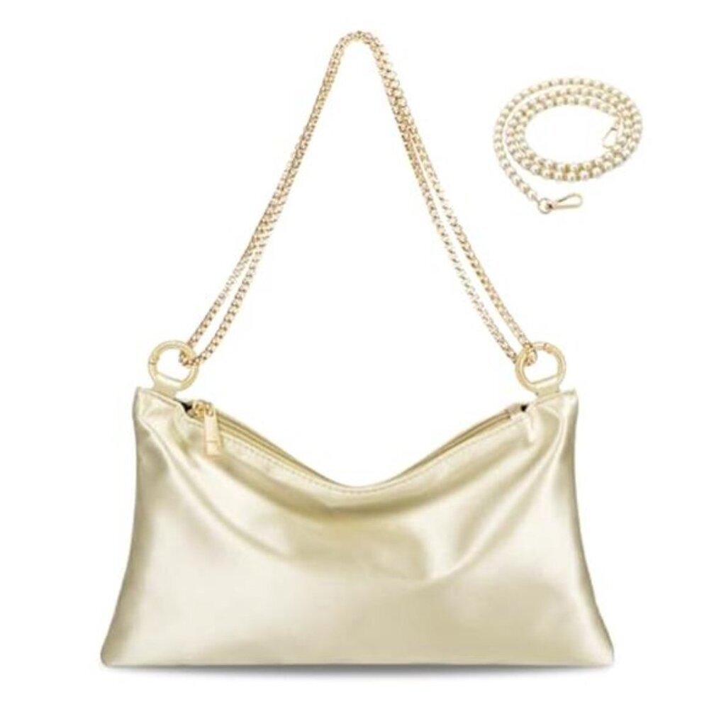 Champagne Satin Wedding Clutch Pearl Strap